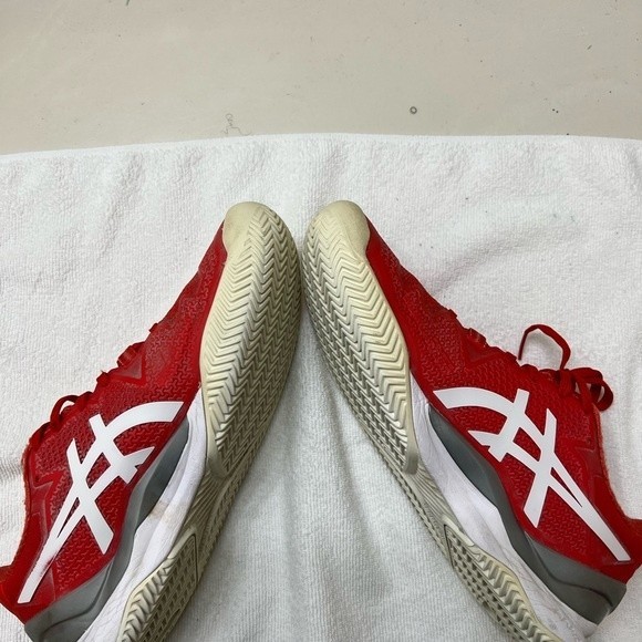 ASICS Clay Tennis Shoes sz:9 Gel-Resolution 8 Fiery Red/White Fabric Flyte Foam - Picture 2 of 9
